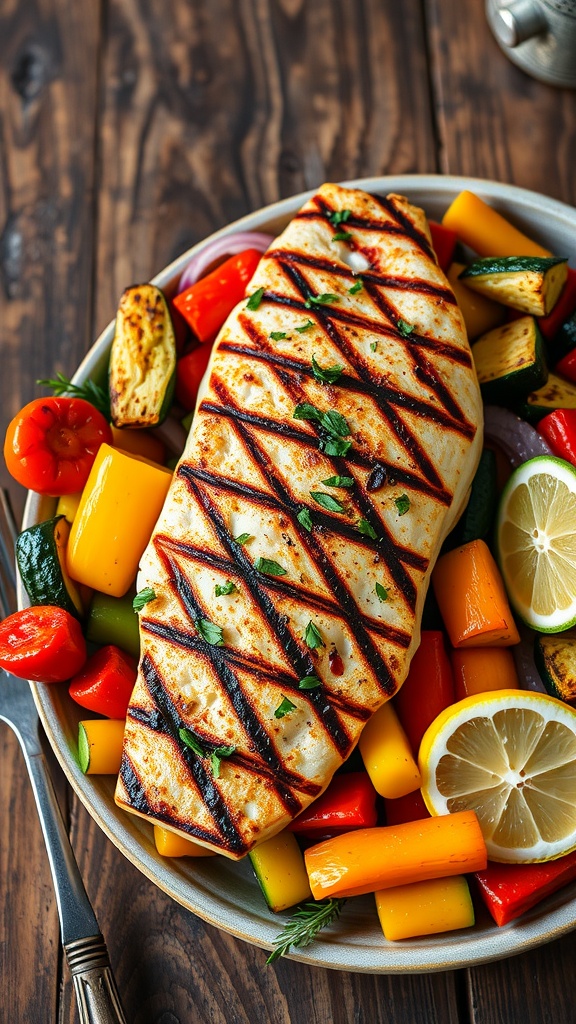 Grilled mahi mahi with roasted vegetables on a plate, garnished with herbs and lemon.